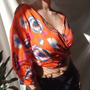 Tristan Orange Floral Puffed Sleeve Wrap Top